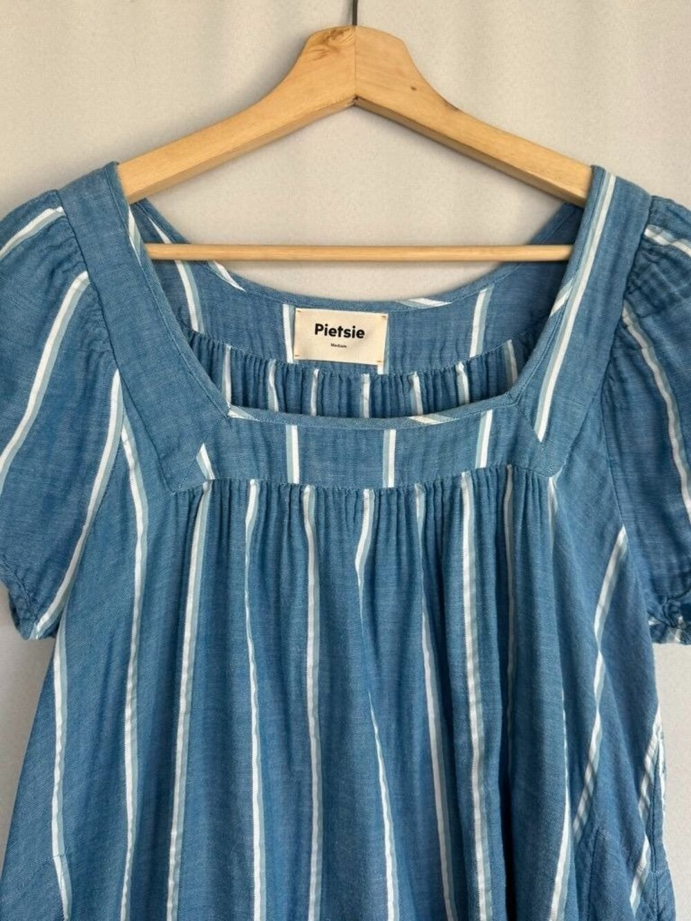Pietsie Agave Cotton Blue Striped Cap Sleeve Babydoll Shift Dress Size Medium - Picture 2 of 9
